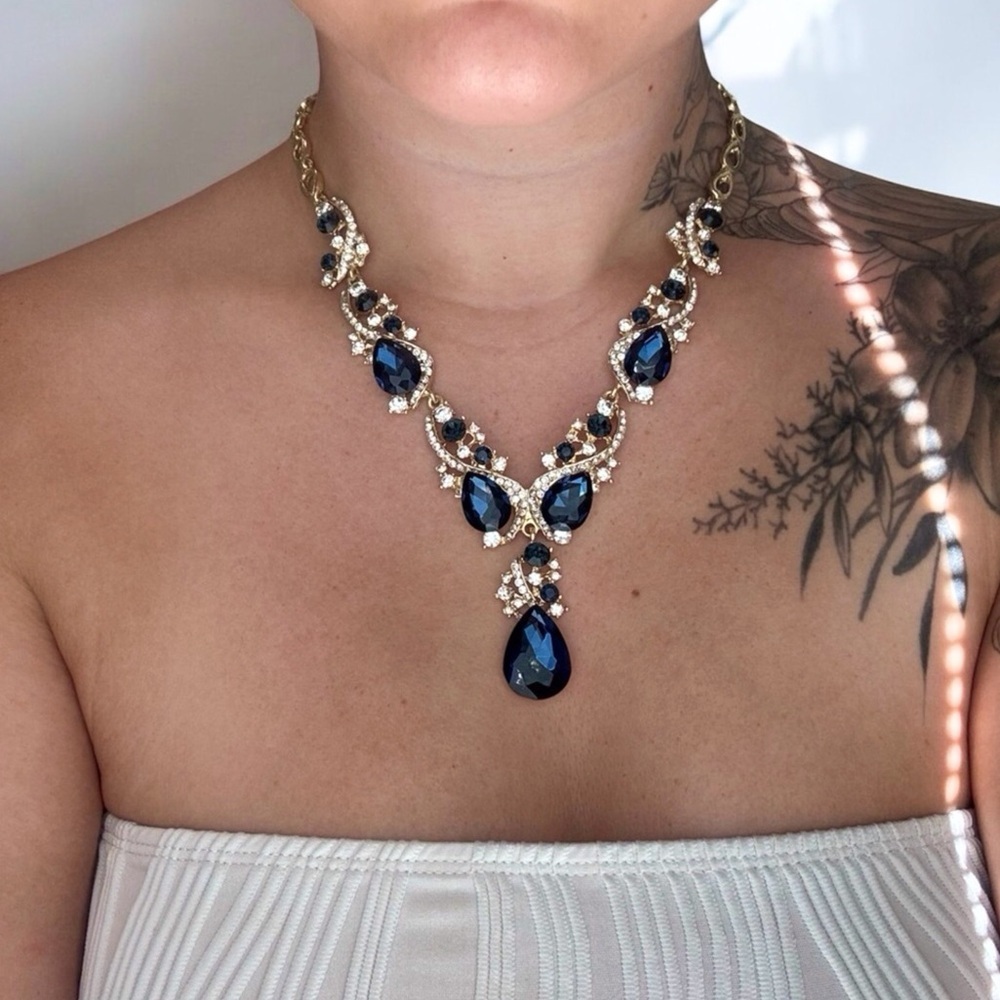 Stunning Gold-Tone & Navy Crystal Statement Necklace